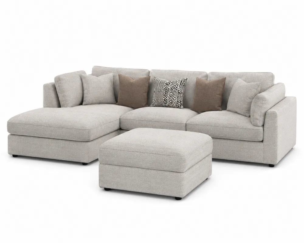 Canapé modulaire en tissu avec méridienne et pouf, beige