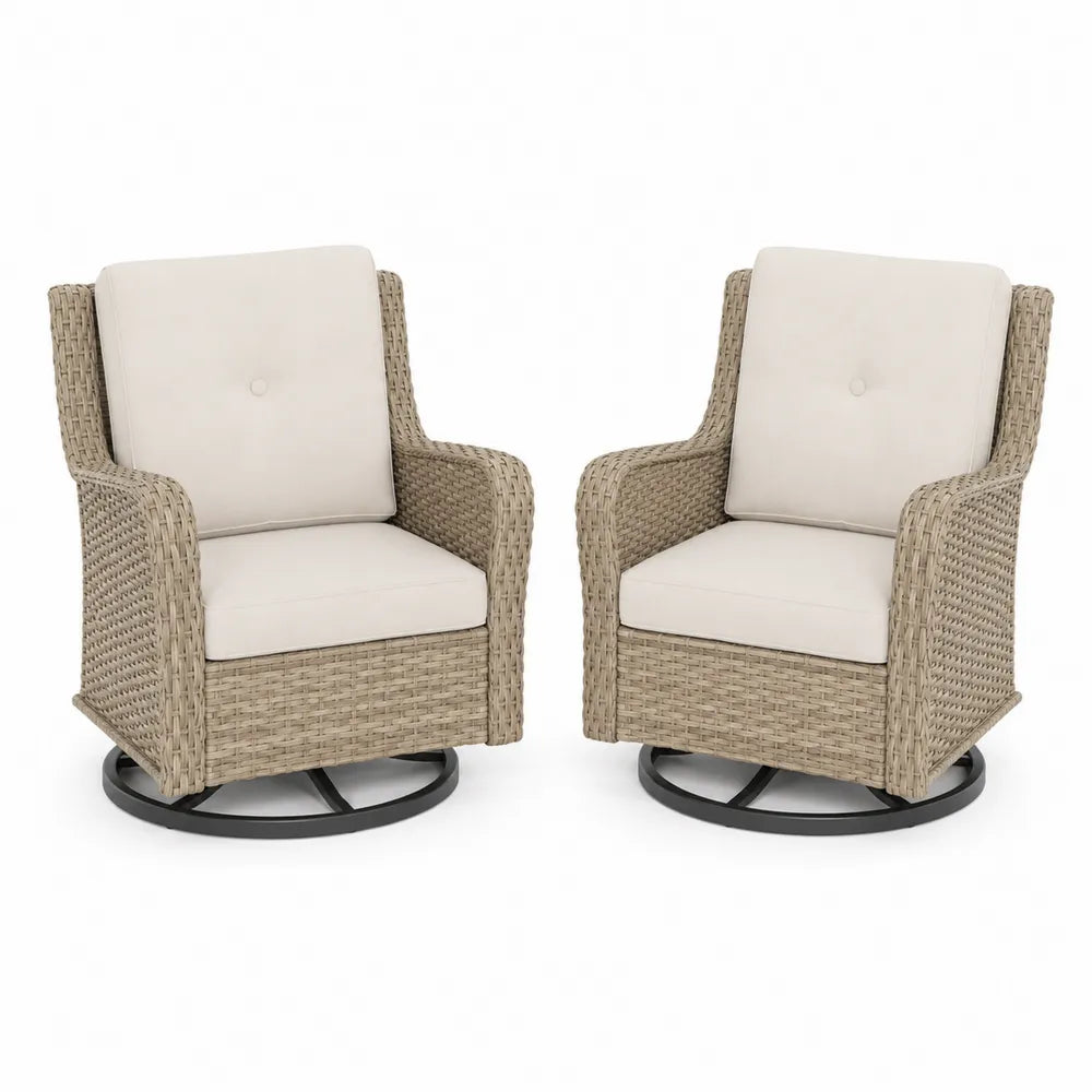 Ensemble de 2 fauteuils pivotants en osier avec coussins en polyester beige