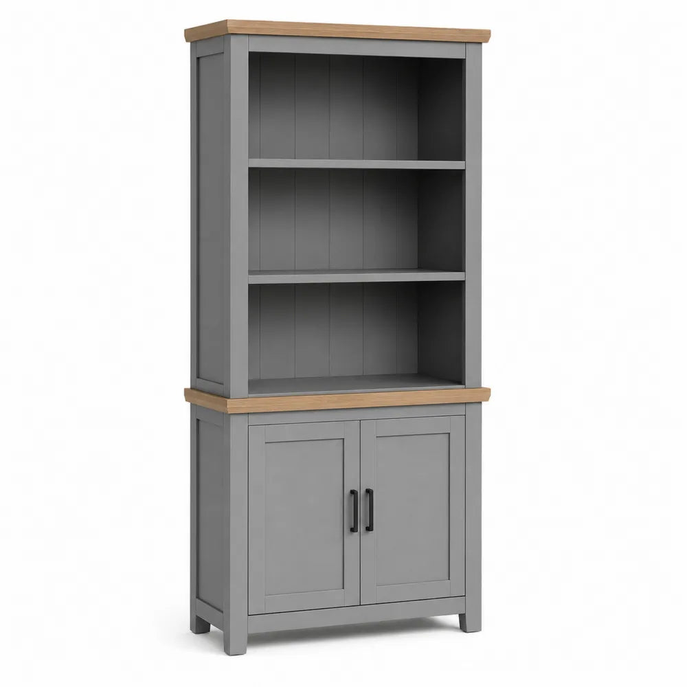 Bibliothèque en bois MDF gris avec placage chêne et portes