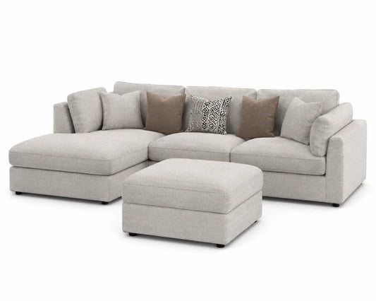 Canapé modulaire en tissu avec méridienne et pouf, beige