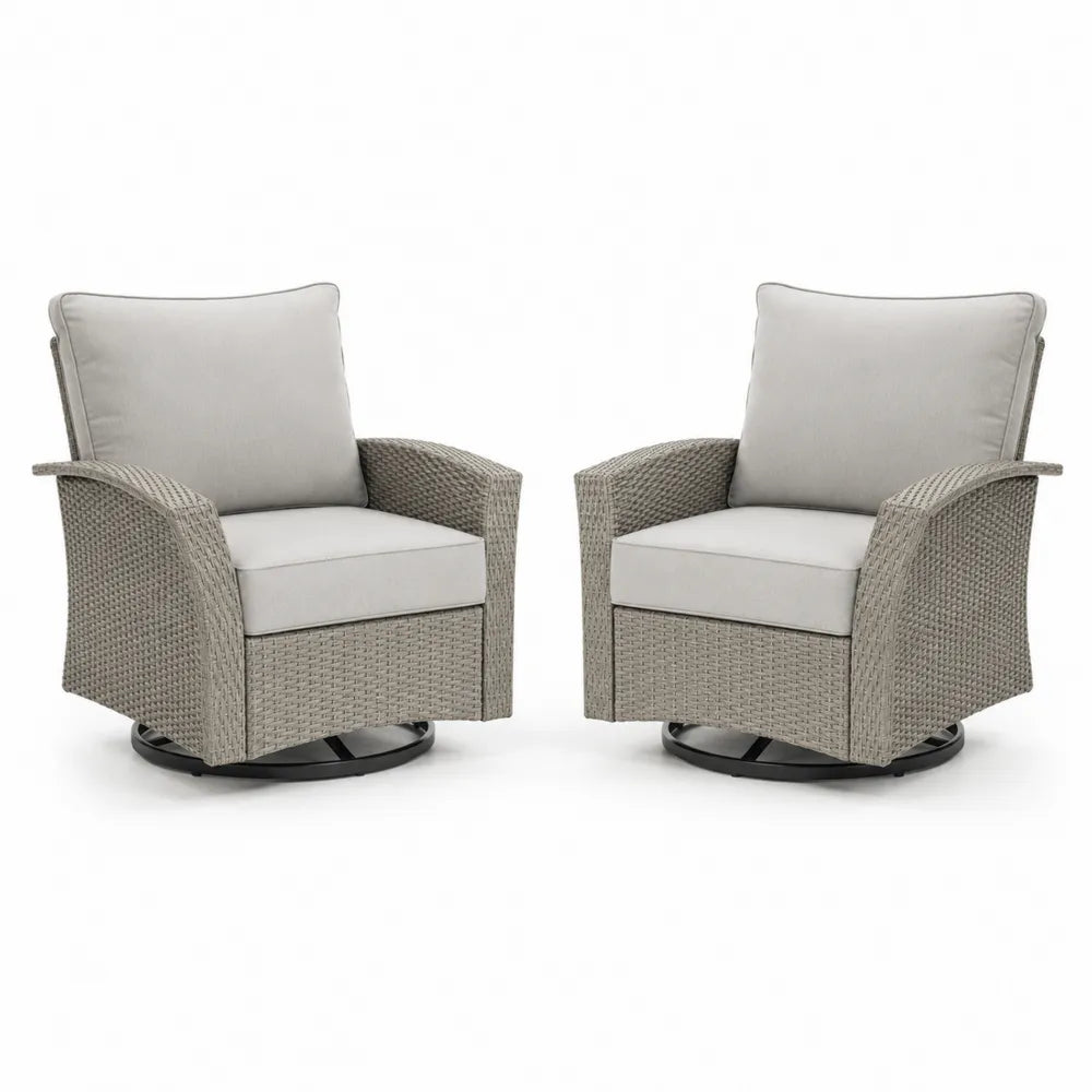 Ensemble de 2 fauteuils pivotants en rotin synthétique gris avec coussins