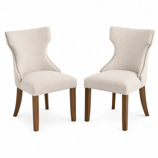 Lot de 2 chaises en tissu de lin crème avec pieds en bois