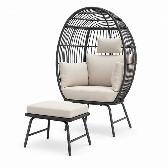 Fauteuil en rotin avec repose-pieds et coussins beige