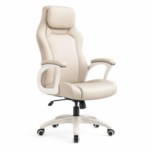 Chaise de bureau en similicuir beige réglable avec accoudoirs
