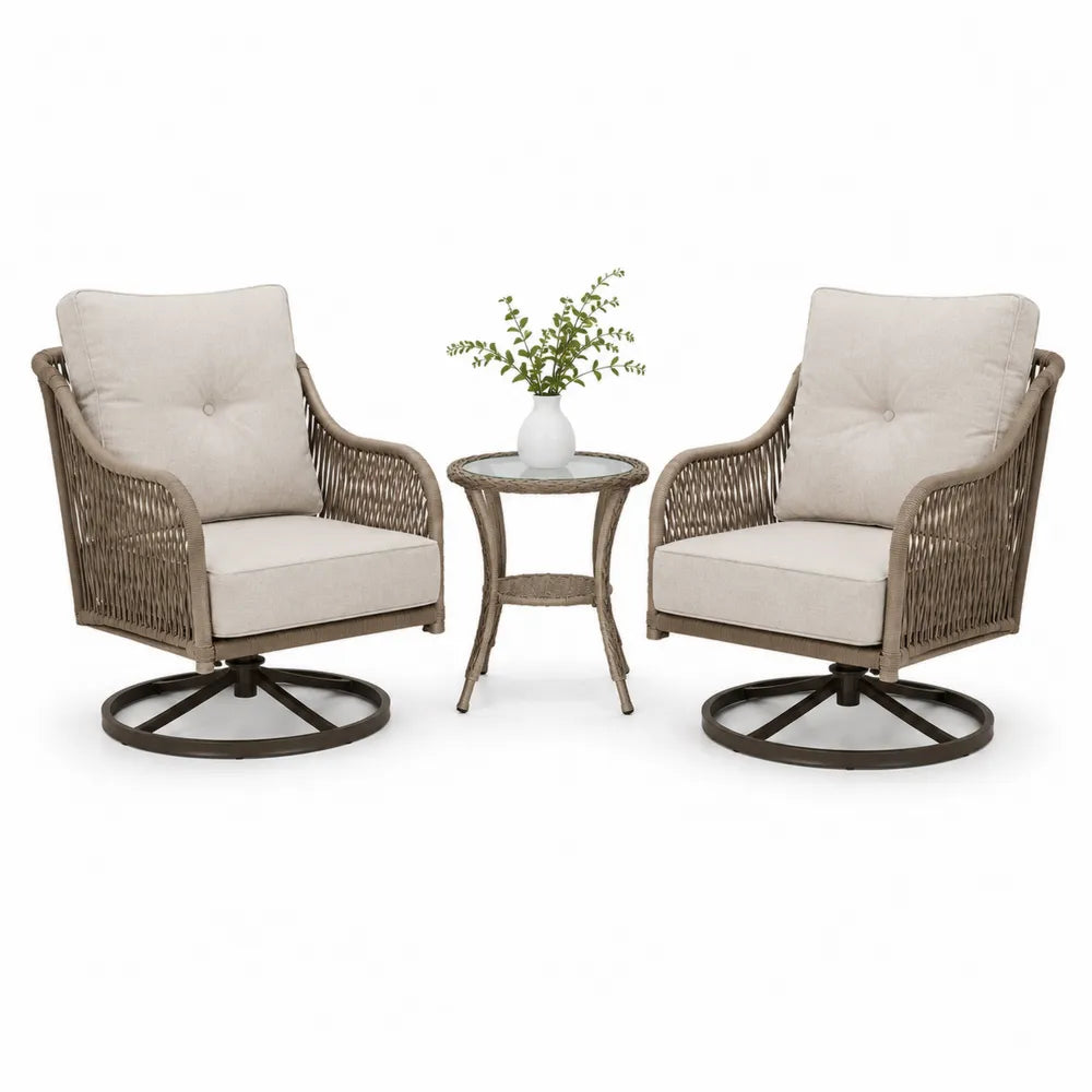 Ensemble de chaises pivotantes en résine tressée avec table en verre trempé