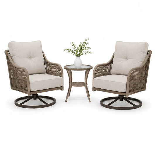 Ensemble de chaises pivotantes en résine tressée avec table en verre trempé