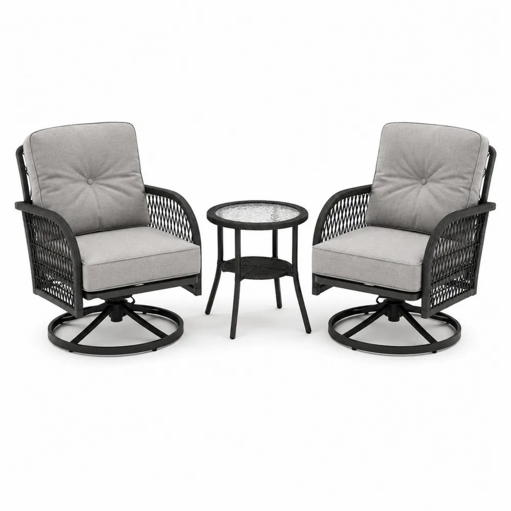 Set de meubles extérieurs en métal avec chaises pivotantes et table en verre