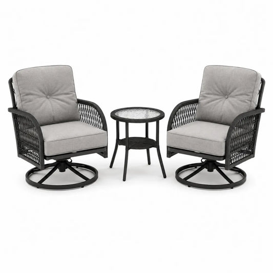 Set de meubles extérieurs en métal avec chaises pivotantes et table en verre