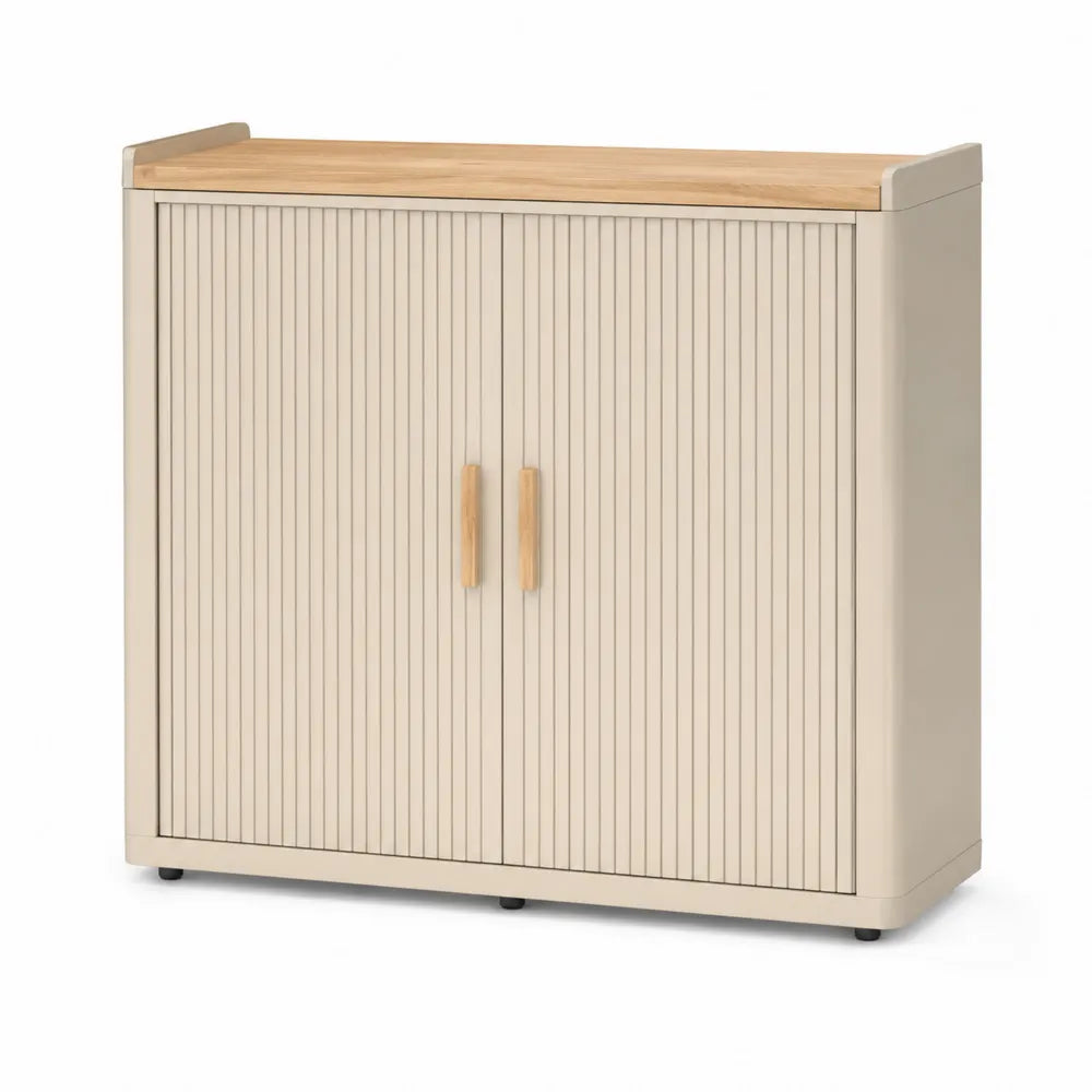 Armoire de rangement en métal et bois avec portes battantes beige