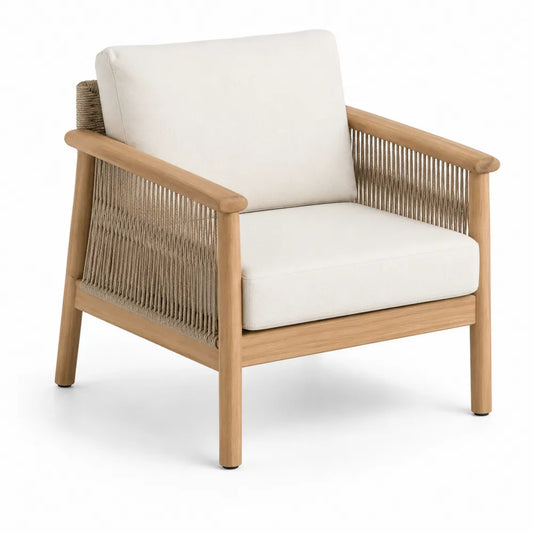 Fauteuil en acacia et corde avec coussins en polyester blanc
