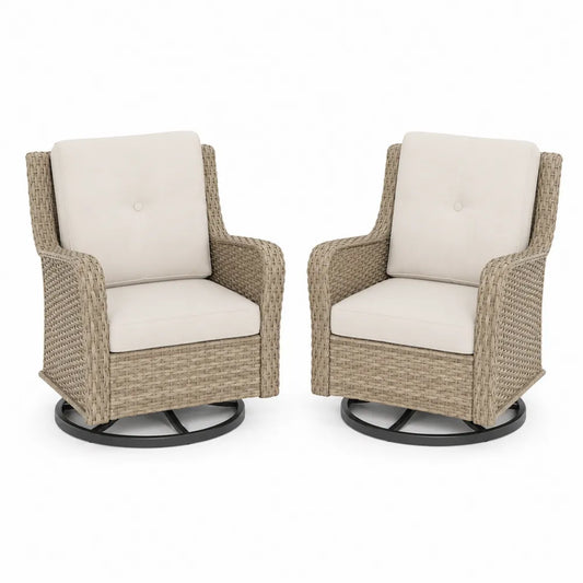 Ensemble de 2 fauteuils pivotants en osier avec coussins en polyester beige