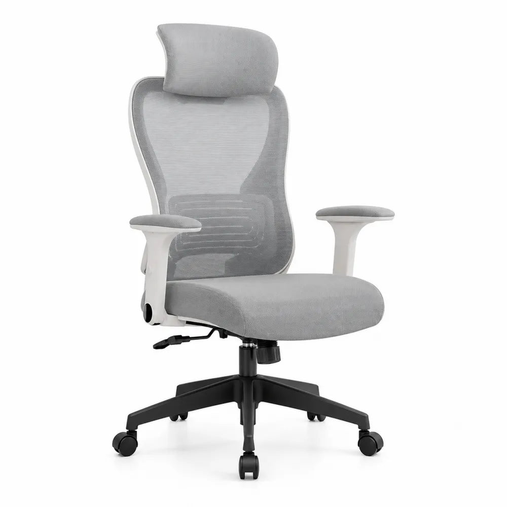 Chaise de bureau ergonomique en maille grise avec accoudoirs réglables
