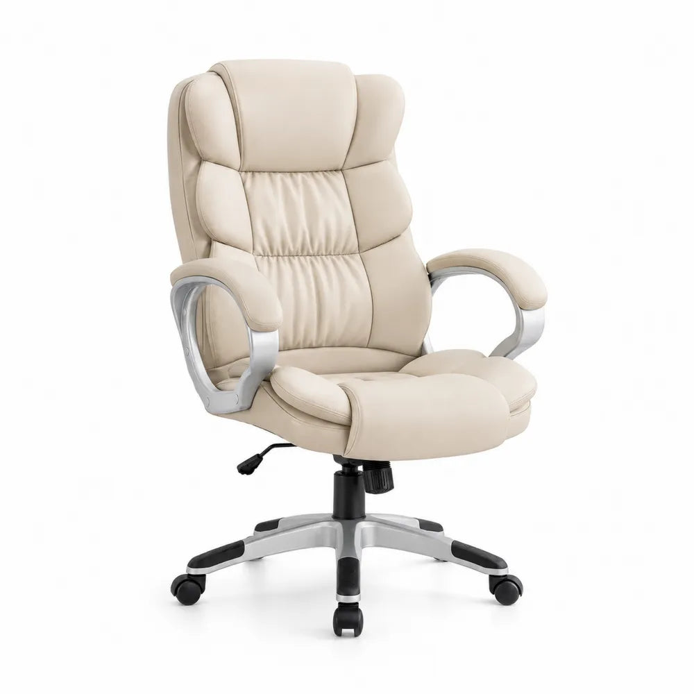 Chaise de Bureau en Similicuir Beige avec Accoudoirs en Aluminium