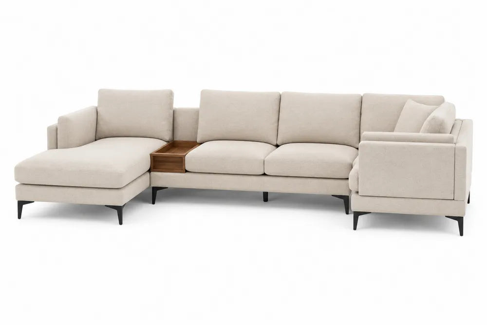 Canapé modulaire en tissu polyester beige avec repose-pied et tablette en bois