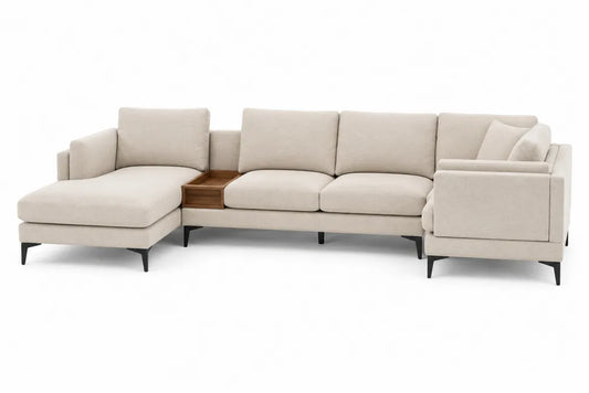 Canapé modulaire en tissu polyester beige avec repose-pied et tablette en bois