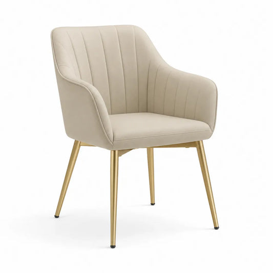Chaise en velours beige avec pieds en métal doré