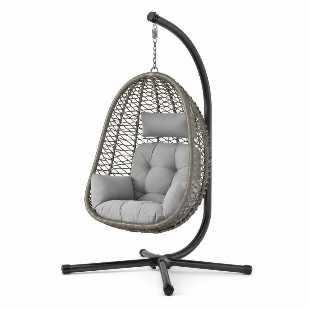 Chaise suspendue en rotin synthétique avec coussins gris