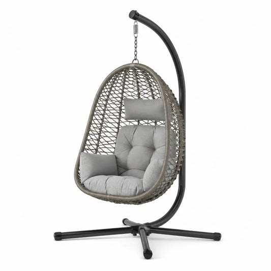 Chaise suspendue en rotin synthétique avec coussins gris