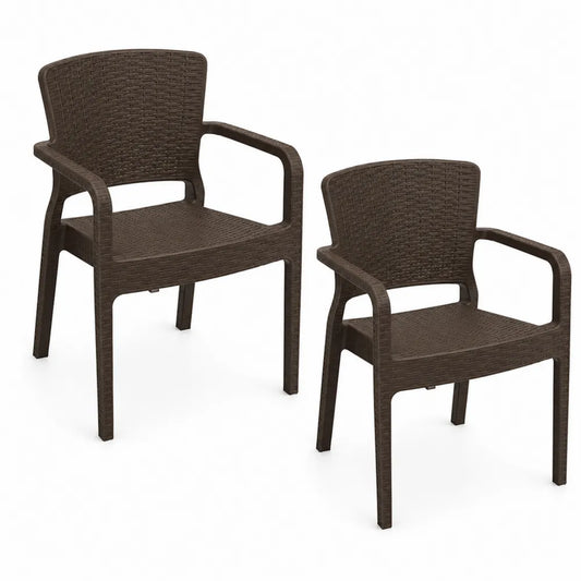 Chaises d'extérieur en plastique imitation rotin marron foncé, lot de 2