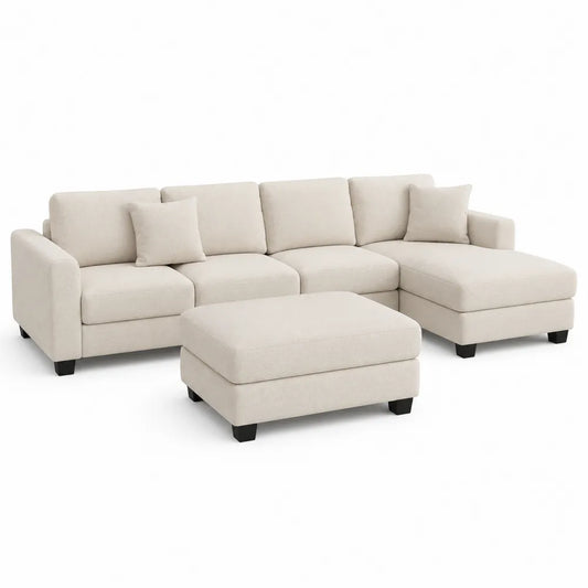 Canapé modulaire en bois et tissu beige avec méridienne et pouf