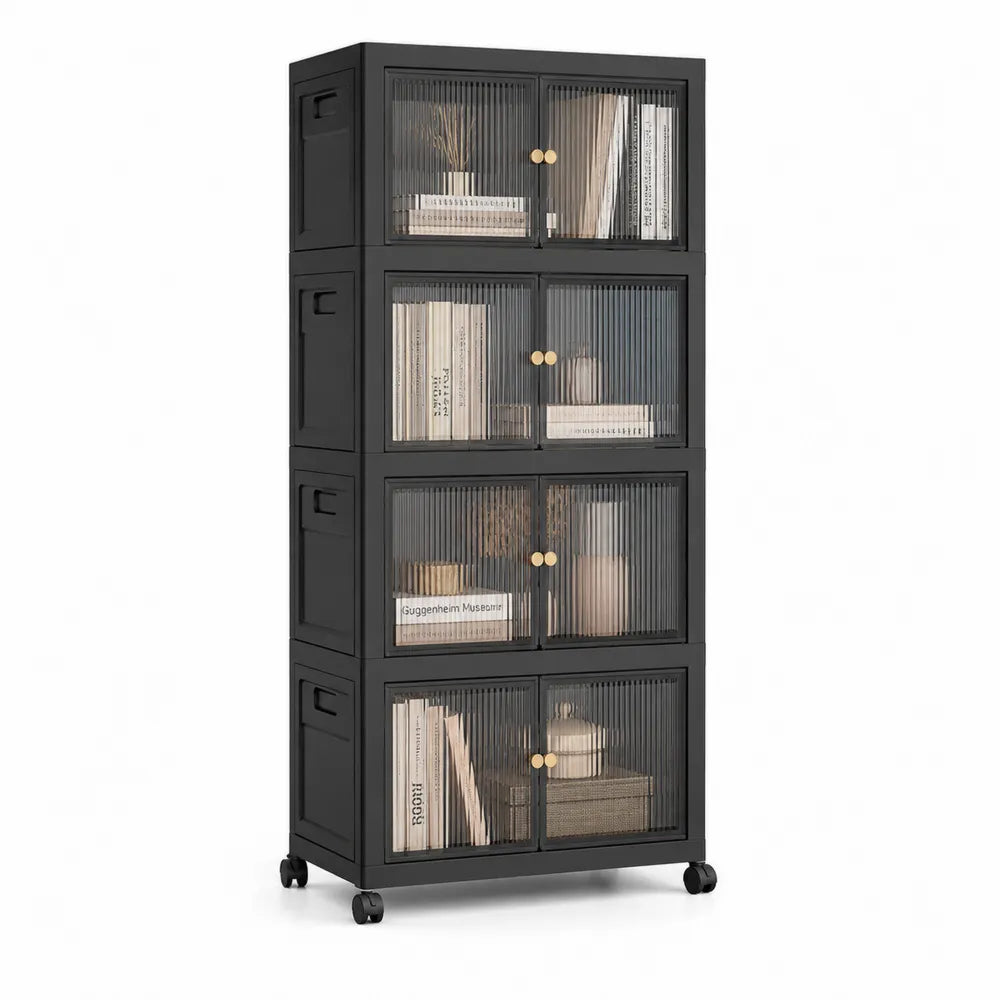 Bibliothèque en métal noir avec portes en verre cannelé, 4 étagères, 160 cm