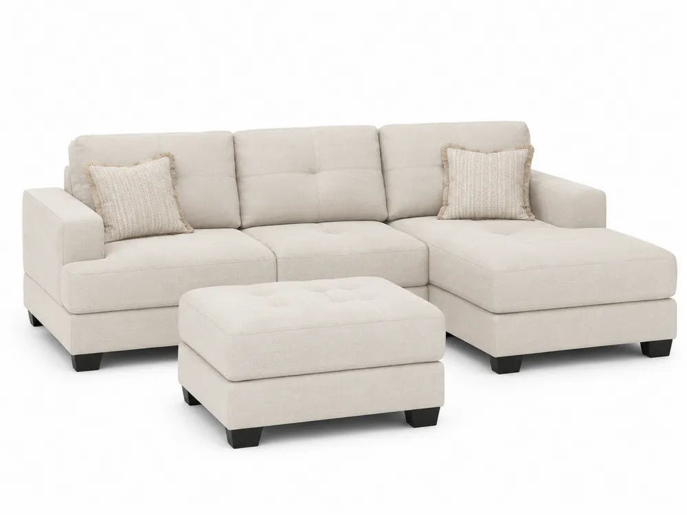 Canapé modulaire en tissu polyester beige avec ottomane et coussins