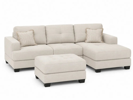 Canapé modulaire en tissu polyester beige avec ottomane et coussins